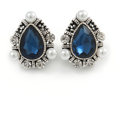 Vintage Inspired Teardrop Midnight Blue Glass, Clear Crystal, Pearl Clip On Earrings In Aged Silver Tone - 25mm Tall - main view