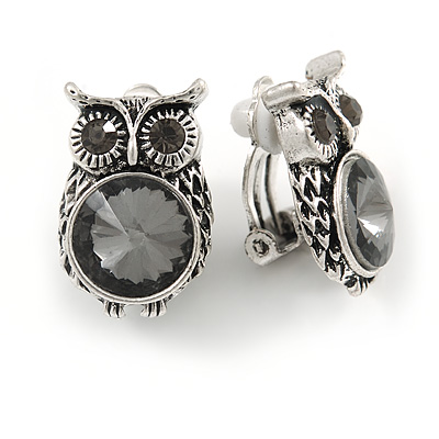Vintage Inspired Grey Crystal Owl Clip On Earrings In Aged Silver Tone Metal - 22mm Tall - main view