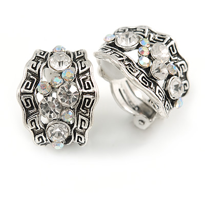 Vintage Inspired C Shape Crystal Textured Clip On Earrings In Aged Silver Tone - 18mm Tall - main view