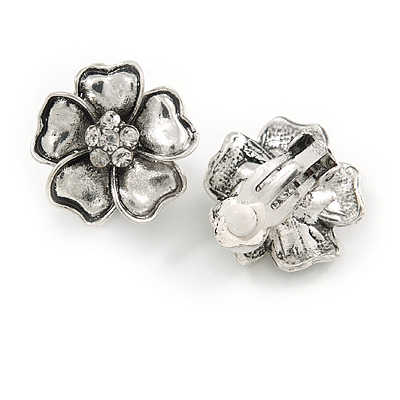 Vintage Inspired Crystal Flower Clip On Earrings In Aged Silver Tone Metal - 20mm Diameter - main view