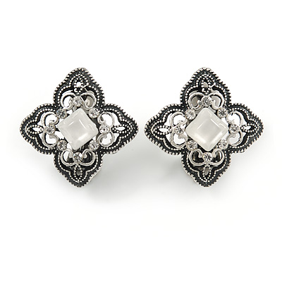 Marcasite Crystal Floral Clip On Earrings In Aged Silver Tone - 18mm - main view