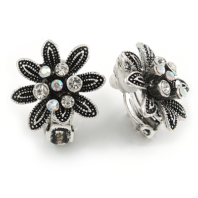 Marcasite Crystal Floral Clip On Earrings In Aged Silver Tone - 20mm - main view