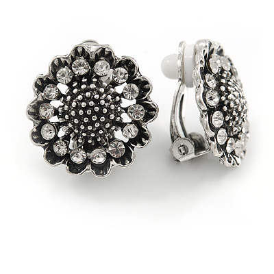 Vintage Inspired Crystal Sunflower Floral Clip On Earrings In Aged Silver Tone - 18mm - main view