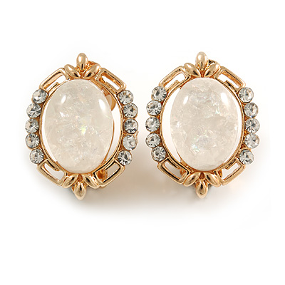 Gold Tone Crystal Milky White Resin Oval Clip On Earrings - 22mm Tall - main view