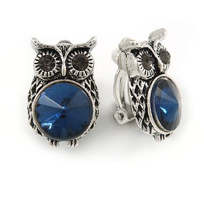 Vintage Inspired Blue/ Grey Crystal Owl Clip On Earrings In Aged Silver Tone Metal - 22mm Tall