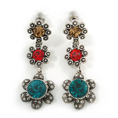 Teal/ Red/ Citrine Crystal Floral Drop Earrings In Aged Silver Tone Metal - 45mm Tall - main view