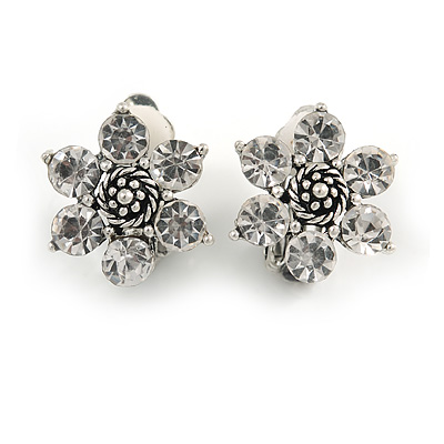 Vintage Inspired Clear Crystal Flower Clip On Earrings in Aged Silver Tone Metal - 20mm Diameter - main view