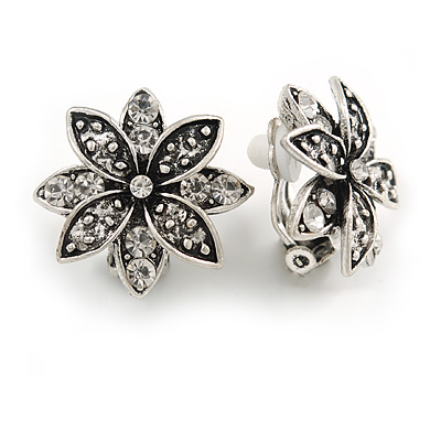 Vintage Inspired Crystal Floral Clip On Earrings In Aged Silver Tone Metal - 20mm D - main view