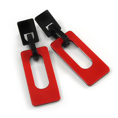 Statement Red/ Black Square Acrylic Drop Earrings - 90mm Long - main view