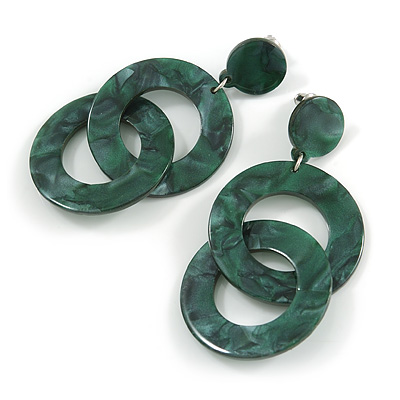 Trendy Double Circle Dark Green Acrylic Drop Earrings - 70mm Long