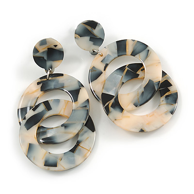 Trendy Double Circle Black/ Cream/ Gold Acrylic Drop Earrings - 70mm Long - main view
