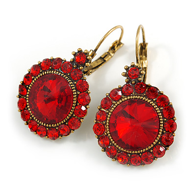Vintage Inspired Round Cut Scarlet Red Glass Stone Drop Earrings With Leverback Closure In Antique Gold Metal - 40mm L - main view
