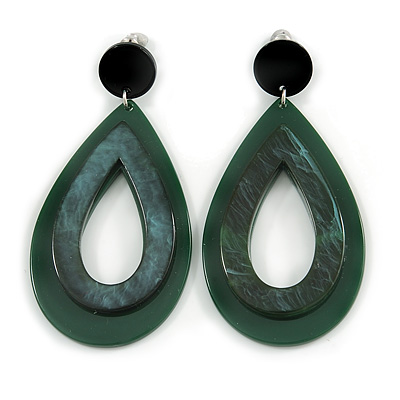 Statement Dark Green/ Black Acrylic Teardrop/ Hoop/ Drop Earrings - 80mm Long
