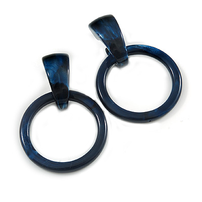 Statement Dark Blue/ Black Acrylic Hoop Drop Earrings - 65mm Drop - main view