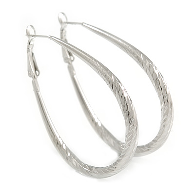 Medium Thick Etched Oval Hoop Earrings In Silver Tone - 55mm L