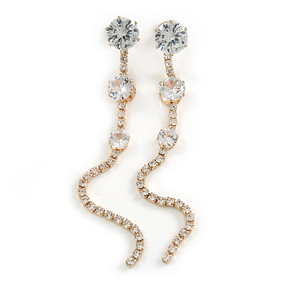 Statement Clear Crystal Linear Drop Earrings In Gold Tone Metal - 10cm L - main view