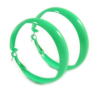 50mm Bright Green Enamel Hoop Earrings In Silver Tone - main view