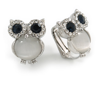 Crystal Owl Clip On Earrigns In Silver Tone (Clear/ Blue) - 17mm Tall - main view