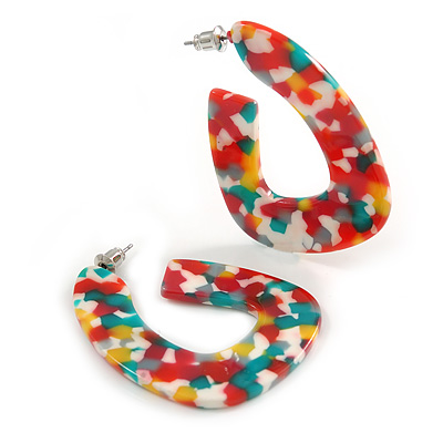 Trendy 'Burst of Colour' Effect Multicoloured Acrylic/ Plastic/ Resin Oval Hoop Earrings - 50mm L - main view