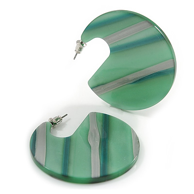 Trendy Green/ Silver Stripy Acrylic/ Resin Disk Earrings - 48mm Diameter - main view