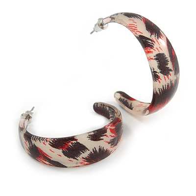 Trendy Half Hoop Earrings with Animal Print in Acrylic (Red/ Beige/ Black) - 40mm Diameter