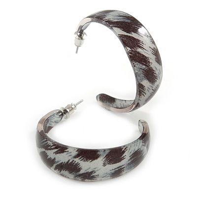 Trendy Half Hoop Earrings with Animal Print in Acrylic (Grey/ Black) - 40mm Diameter - main view