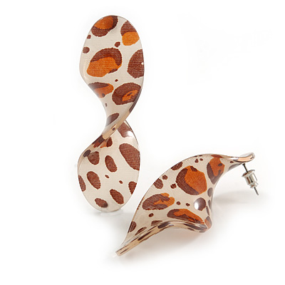 Trendy Twisted Leaf Acrylic Drop Earrings with Animal Print (Brown/ Beige) - 65mm Long - main view