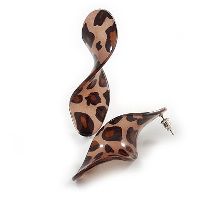 Trendy Twisted Leaf Acrylic Drop Earrings with Animal Print (Brown) - 65mm Long - main view