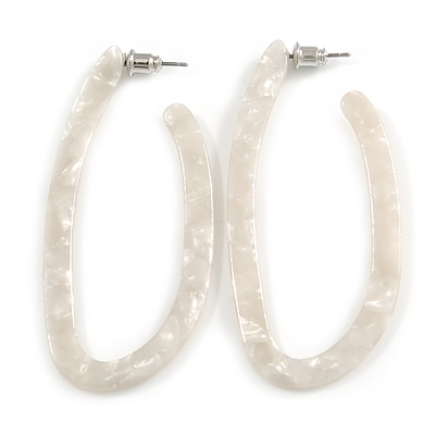 Off White Oval Hoop Earrings with Marble Effect - 65mm Long