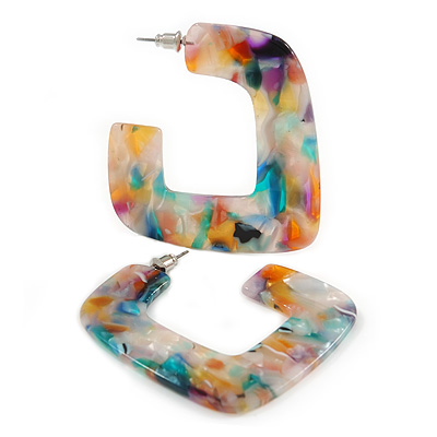 Trendy 'Burst of Colour' Effect Multicoloured Acrylic/ Plastic/ Resin Square Hoop Earrings - 55mm L - main view