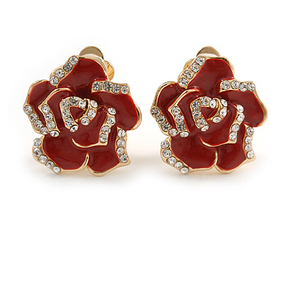 Romantic Red Enamel Clear Crystal Rose Clip On Earrings In Gold Tone - 20mm Diameter