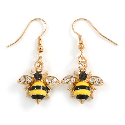 Small Black/ Yellow Enamel Crystal Bee Drop Earrings In Gold Tone - 40mm Long - main view