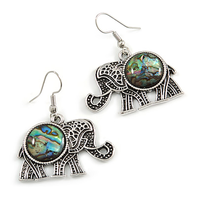 Vintage Inspired Elephant with Abalon Shell Drop Earrings In Aged Silver Tone - 40mm Long - main view