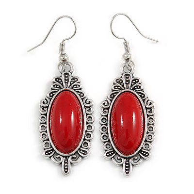 Vintage Inspired Oval Red Ceramic Stone Filigree Drop Earrings In Silver Tone - 50mm Long