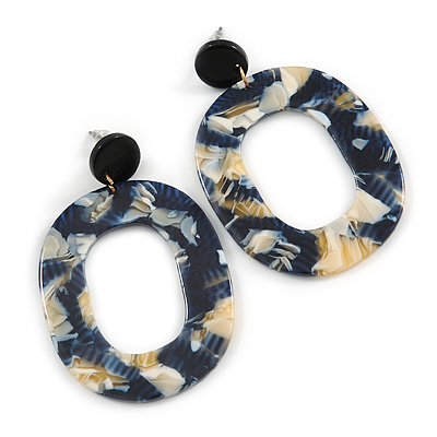 Trendy Oval Acrylic Hoop Earrings (Dark Blue/ Cream) - 60mm Long - main view
