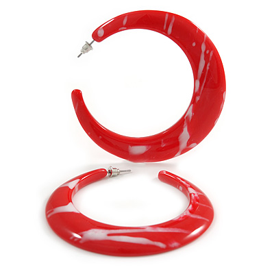 70mm Large Red Acrylic with Marble Effect Hoop Earrings - main view
