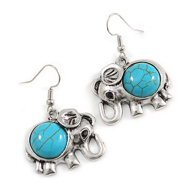Vintage Inspired Elephant Shape with Turquoise Stone Drop Earrings In Silver Tone - 40mm Long - main view