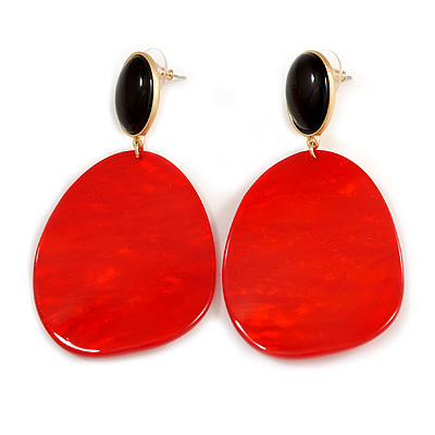 Statement Black/ Red Acrylic Curvy Oval Drop Earrings In Gold Tone - 75mm L - main view