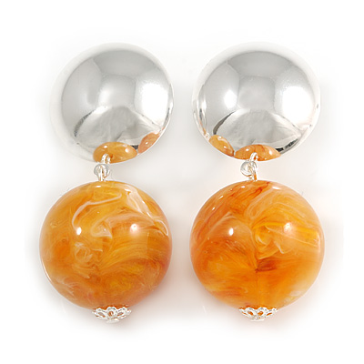 Statement Amber Yellow Resin Ball Drop Earrings In Silver Tone Metal - 50mm L - main view