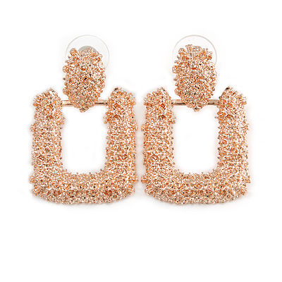 Rose Gold Tone Textured Square Drop Earrings - 35mm Long