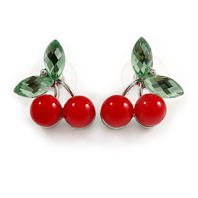 Sweet Crystal Red/ Green Cherry Stud Earrings In Silver Tone - 20mm Tall - main view