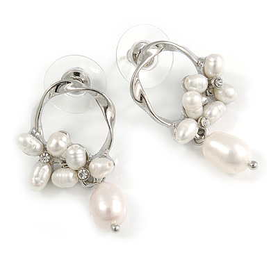 Stylish Twisted Circle with Freshwater Pearl Flower Drop Earrings In Silver Tone Metal - 35mm L - main view