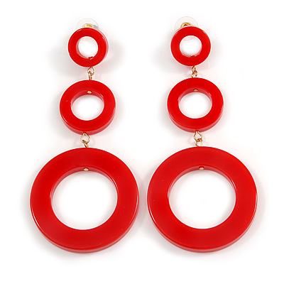 Long Triple Hoop Red Acrylic Drop Earrings with Gold Tone Post Closure - 95mm L - main view