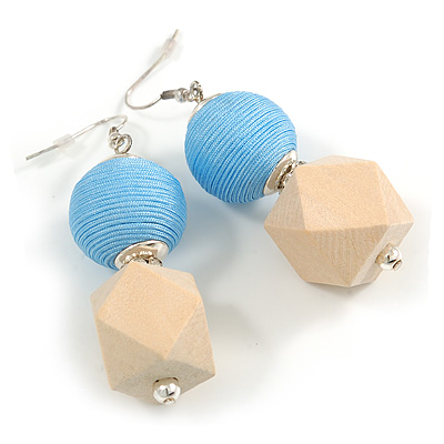 Unique Light Blue Thread Ball and Natural Wood Square Bead Drop Earrings - 70mm L - main view