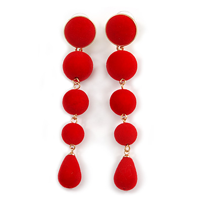 Long Statement Red Velvet Effect Bead Drop Earrings In Gold Tone - 85mm L - main view