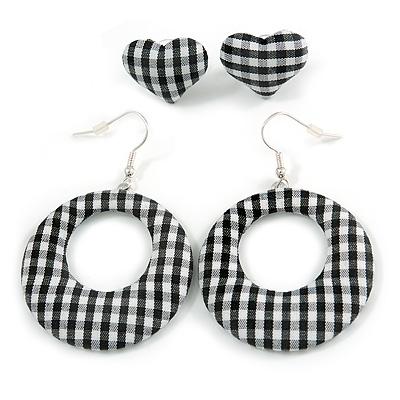 Two Pairs Black/ White Fabric Covered Gingham Checked Hoop and Heart Stud Earrings In Silver Tone - 60mm L/ 20mm L - main view