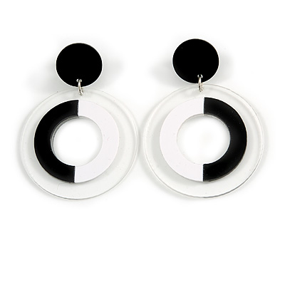 Black/ White/ Transparent Acrylic Hoop/ Drop Earrings - 60mm Long - main view
