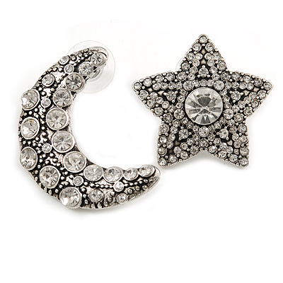 Vintage Inspired Crystal Moon And Star Mismatch Stud Earrings In Aged Silver Tone - 35mm Long - main view