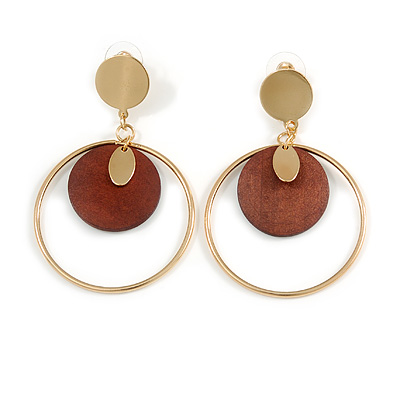Stylish Gold Tone Slim Hoop Earrings with Wood Disk - 65mm Long - main view