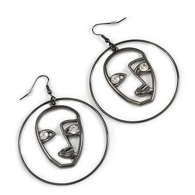 Quirky Crystal Face Hoop/ Drop Earrings In Black Tone - 70mm L - main view